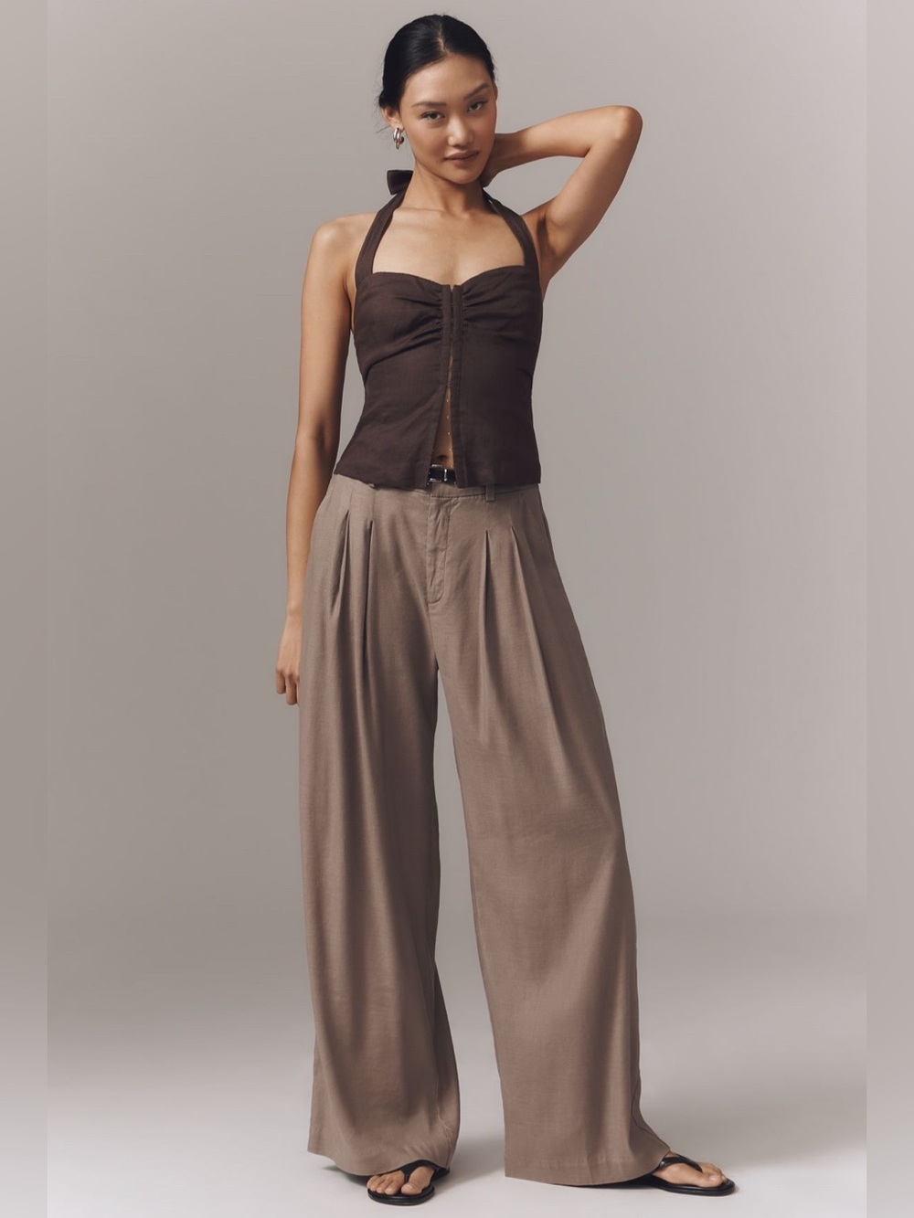 Anthropologie Maeve European Linen Stretch Pleated Wide Leg Trouser Deep Mink
